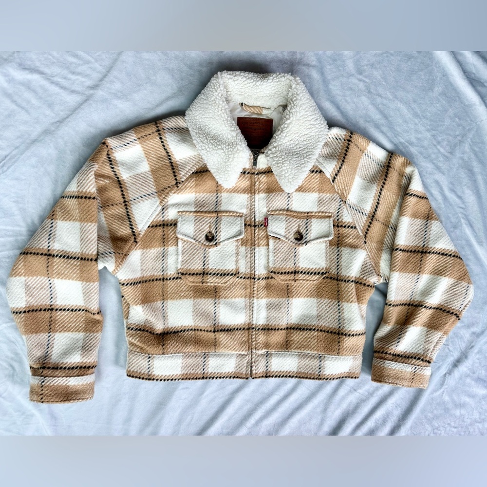 Levi's Women's Tan White Large Plaid Sherpa Collar Zip Up Jacket S
